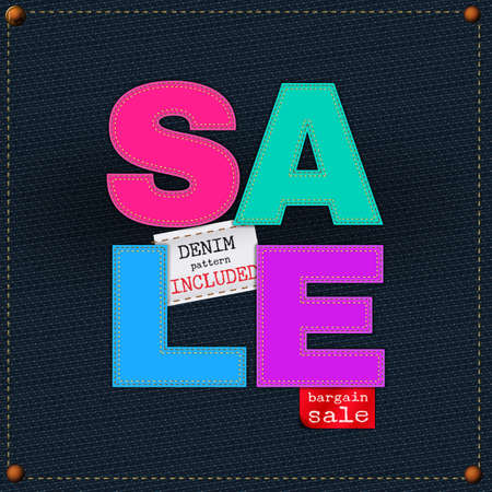 The illustration of  beautiful jeans sale patchwork element on a textured background. Totally vector image. Additional seamless denim pattern included. Useful for a clothing store promo advertising.のイラスト素材