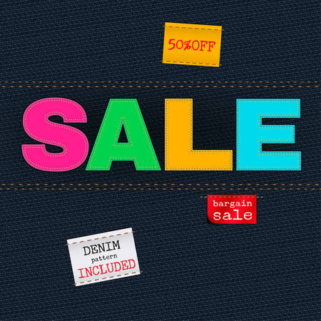The illustration of  beautiful jeans sale patchwork element on a textured background. Totally vector image. Additional seamless denim pattern included. Useful for a clothing store promo advertising.のイラスト素材