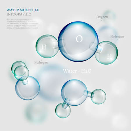 The illustration of bio infographics background with water molecule in transparent style. Ecology, biology and biochemistry concept. Totally vector image.