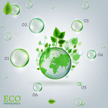 The illustration with green leaves and transparent bubbles flying around the green globe. Ecology and biology concept. Vector infographics for brochures, leaflets or posters. Save the Earth concept.のイラスト素材