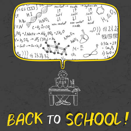 The illustration of a sitting schoolboy on a beautiful black scientific background with handwriting typography. Algebraic class blackboard. Vector fully scalable image. Back to School cartoon concept.のイラスト素材