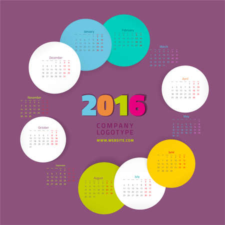 Colorful graphic design of an English Calendar 2016 template. Week starts from Monday. Vector illustrationのイラスト素材