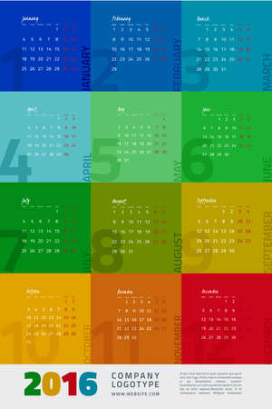 Colorful graphic design of an English Calendar 2016 template. Week starts from Monday. Vector illustrationのイラスト素材
