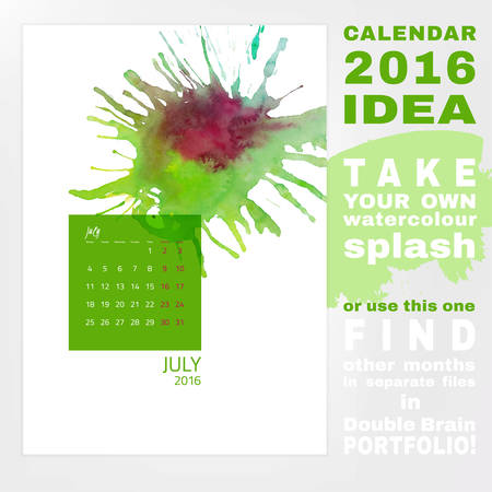 Colorful graphic design of an English Calendar 2016. Week starts from Monday. Art and Painting watercolor concept with splashes and brush strokes. Creative and unique style. Vector illustrationのイラスト素材