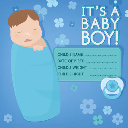 Beautiful vector illustration of newborn arrival card. Sleeping baby in diapers. Newborn baby card with cartoonish hand drawn baby with a pacifier. Colorful image in blue, violet and white tones.のイラスト素材