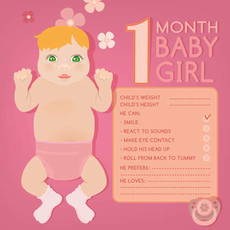 Beautiful vector illustration of a 1 month pretty baby. Childs growth infographic with fill in form. Little baby card with cartoonish hand drawn figure and a pacifier. Colorful image in pink tones.のイラスト素材