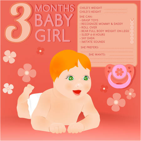 Beautiful vector illustration of a 3 months lying baby. Childs growth infographic with fill in form. Little baby card with cartoonish hand drawn figure and a pacifier. Colorful image in pink tones.のイラスト素材