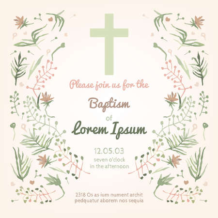 Beautiful Baptism invitation card with floral hand drawn watercolor elements. Cute and romantic vintage style. Vector image in light  pink and green colors.のイラスト素材