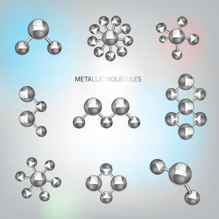 Vector illustration of beautiful metallic molecular objects in realistic style. Graphic logo template. Modern 3d scientific shape in silver tones for hi tech, digital, industrial or technical company.のイラスト素材