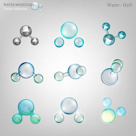 Vector set of water molecules in different graphic styles. Transparent, metallic and glossy molecules useful for scientific articles, magazine covers, brochures and leaflets.のイラスト素材