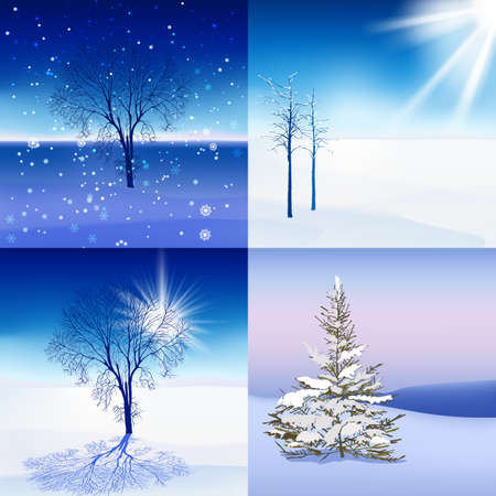 Vector designers set of beautiful winter landscapes. Useful for making postcards, Christmas invitations, posters and other Xmas, New Year and winter designs.のイラスト素材