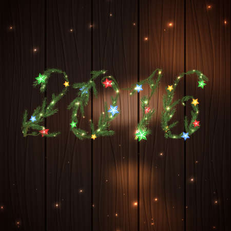 Vector illustration of 2016 figures in a shape of christmas tree branches on a dark wooden background with stars and lights. Useful for the New Year postcard, poster or invitation.のイラスト素材