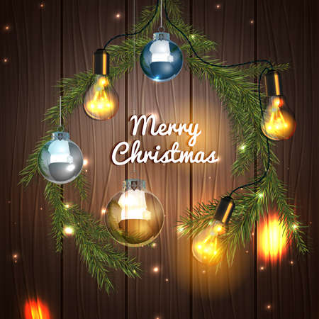 Vector illustration of christmas tree branches with silver balls and handmade lightbulb garland on wooden background. Beautiful decorative backdrop for New Year postcard, poster, print or invitation.のイラスト素材