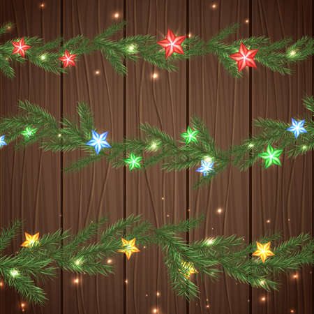 Vector illustration of christmas garlands with green, red, blue and yellow stars on a dark wooden background. Beautiful decorative backdrop for New Year postcard, poster, print or invitation.のイラスト素材
