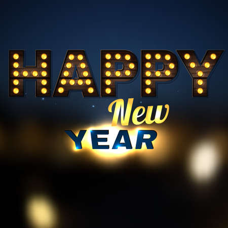 Vector illustration of shining Happy New Year typography on a dark blue Christmas background with stars and lights. Useful illuminated abstract backdrop for the New Year postcard, posterのイラスト素材