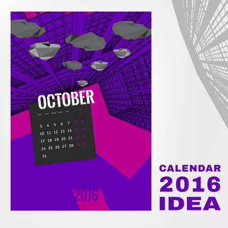 Colorful graphic design of an English Calendar 2016. Week starts from Monday. Vivid architectural...