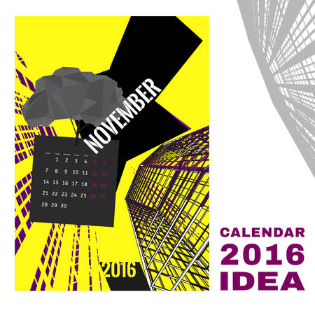 Colorful graphic design of an English Calendar 2016. Week starts from Monday. Vivid architectural digital concept with city life silhouettes. Creative and unique style. Vector editable illustrationのイラスト素材