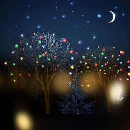 Vector illustration of christmas landscape with green, red, blue and yellow lanterns on a dark night background. Beautiful decorative backdrop for New Year postcard, poster, print or invitation.のイラスト素材