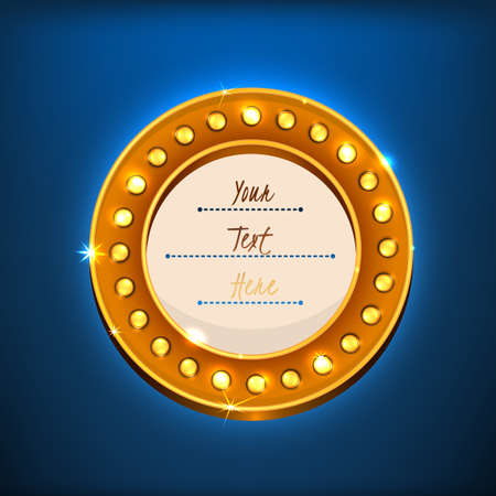 Vector illustration of beautiful illuminated banner with lighting bulbs on a dark blue background. Useful illuminated abstract backdrop for a retro postcard, poster, banner or invitation design.のイラスト素材