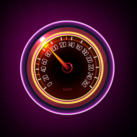 Vector editable illustration of a car dash panel with tachometer, speedometer, temperature level and gasoline level indicators. Abstract automotive detailed  image on a dark background.のイラスト素材