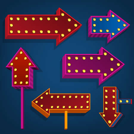 Vector editable illustration of an abstract direction arrows and bunners on a blue background in red and violet colours. Useful for transportation, travelling, hotel, circus and business design.のイラスト素材