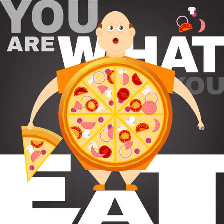 Beautiful vector illustration of the overweight man in the You are what you eat concept. Editable image useful in obesity placard, poster, infographics and brochure design in cartoonish style.のイラスト素材