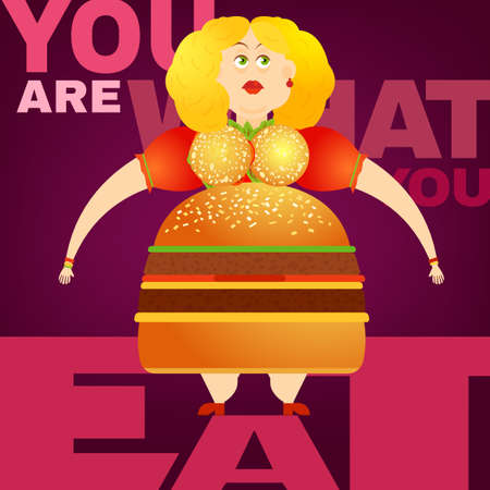 Beautiful illustration of the overweight woman in the You are what you eat concept. Editable image useful in obesity placard, poster, infographics and brochure design in cartoonish style.のイラスト素材