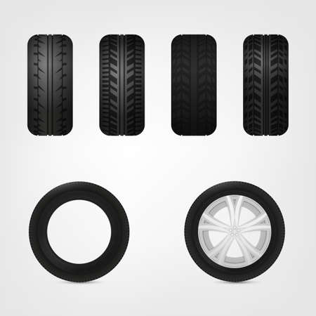 Beautiful illustration of car tires images useful for icon and logotype design on a light background. Realistic graphic style. Transportation automotive concept. Digital pictogram collectionのイラスト素材