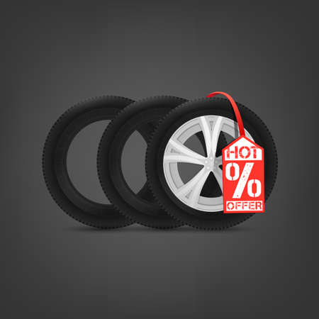 Beautiful illustration of the tire shop sale image with bright red tag. Modern realistic graphic style. Transportation automotive concept. Digital pictogram collectionのイラスト素材
