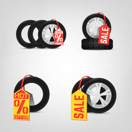 Beautiful illustration of the tire shop sale images with bright red and yellow tags. Modern realistic graphic style. Transportation automotive concept. Digital pictogram collectionのイラスト素材