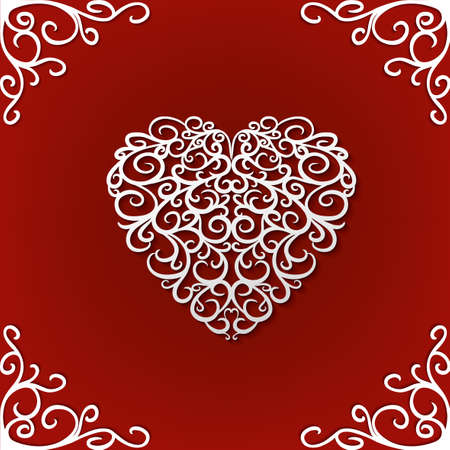 Beautiful vector illustration of a white decorative heart pattern in cute hand drawn style. Editable image isolated on a dark red background useful for postcard, poster, placard or invitation design.のイラスト素材