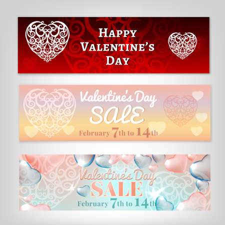 Beautiful vector illustration of purple and pink Valentines banners. Romantic creative concept. Poster, postcard, flyer, advertisement or leaflet graphic background.のイラスト素材