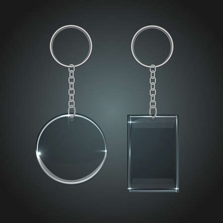 Vector illustration of a glass oval and rectangular keychain with a ring for a key, isolated on a gray background. のイラスト素材