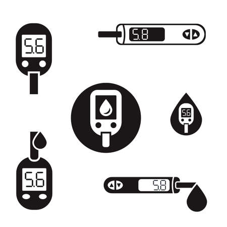 Beautiful diabetic set. Blood testing flat icons. Medical editable illustration in black color isolated on white background.のイラスト素材