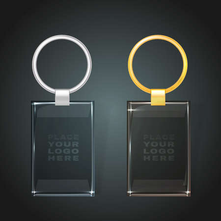illustration of a glass rectangular key chain with a ring for a key, isolated on a dark gray background. Ideal template for branding, identity guidelines and promo campaigns.のイラスト素材