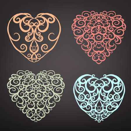 Beautiful illustration of pastel decorative heart pattern in cute hand drawn style. Editable image isolated on a dark gray background useful for postcard, poster, placard or invitation design.のイラスト素材