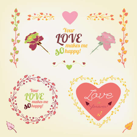 Vector romantic collection with lovely typography. Hand drawn floral elements. Example of a cute and romantic style in pastel tones. Saint Valentines Day image. Me and youl creative concept.のイラスト素材