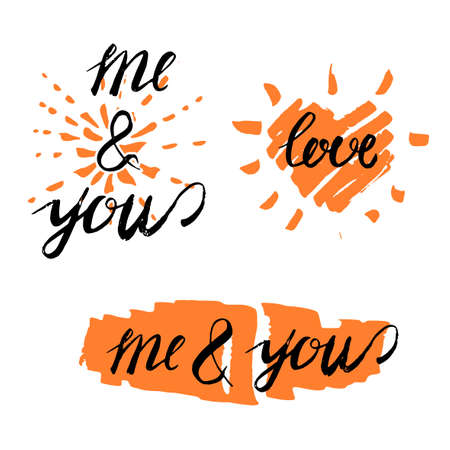 Beautiful vector illustration of handwritten romantic typography in orange and black colors on white background. Me and you. Useful for postcard, invitation, T- shirt and poster creative design.のイラスト素材