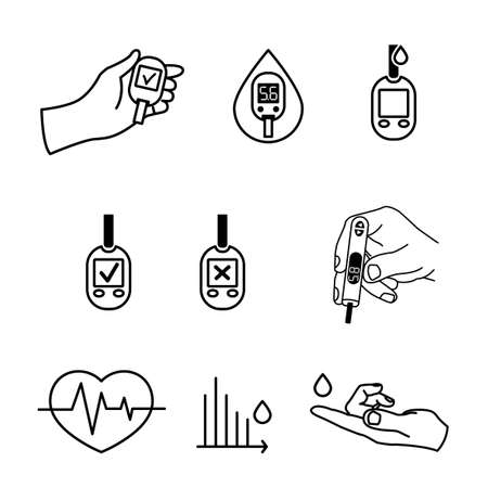 Beautiful vector diabetic set. Blood testing flat icons. Medical editable illustration in black color isolated on white background.のイラスト素材