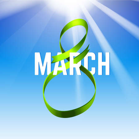 Beautiful vector illustration of Women Day typography with green silky ribbon on a blue sky. 8 of March concept. Useful for postcard, leaflet, T- shirt and poster creative design.のイラスト素材