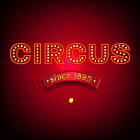 Vector vintage circus banner in bright red, orange and dark blue colors with illuminated elements. Editable retro illustration useful for a poster, banner, advertisement or placard graphic designのイラスト素材