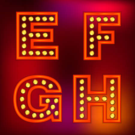 Beautiful vector illustration of retro letters. Editable image in red, orange, yellow and purple colors useful for poster, postcard, signboard and banner creative design. Set of E, F, G, H lettersのイラスト素材