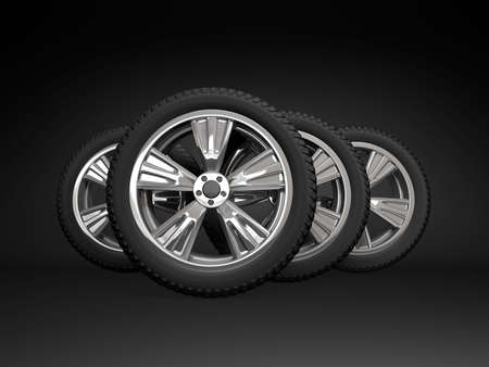 Set four tyres. 3D illustration isolated on white background.