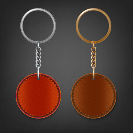 Vector illustration of a blank brown and red leather oval keychain with a ring for a key, Isolated on a light gray background. Ideal template for branding, identity guidelines and promo campaigns.のイラスト素材