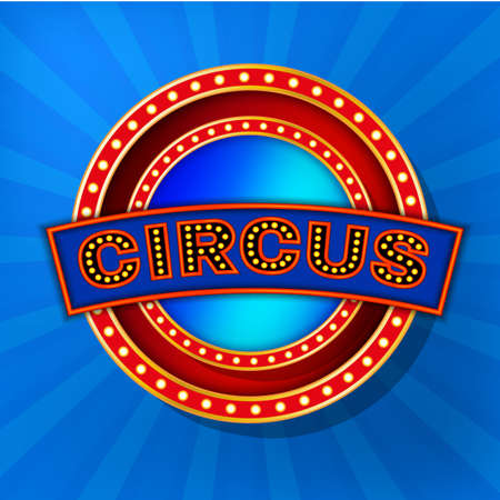 Vector vintage circus banner in bright red, orange and dark blue colors with illuminated elements. Editable retro illustration useful for a poster, banner, advertisement or placard graphic designのイラスト素材