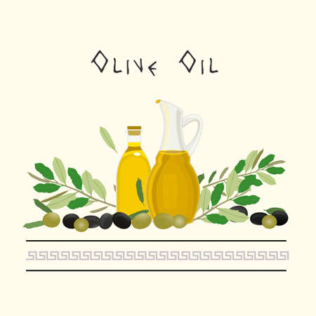Vector Greek olive oil image with olives and glass bottles in modern authentic style on a beige background.のイラスト素材