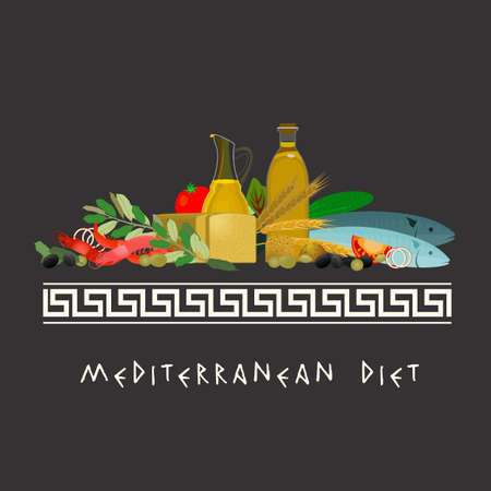 Mediterranean Diet image in a modern authentic style on a dark gray background.のイラスト素材