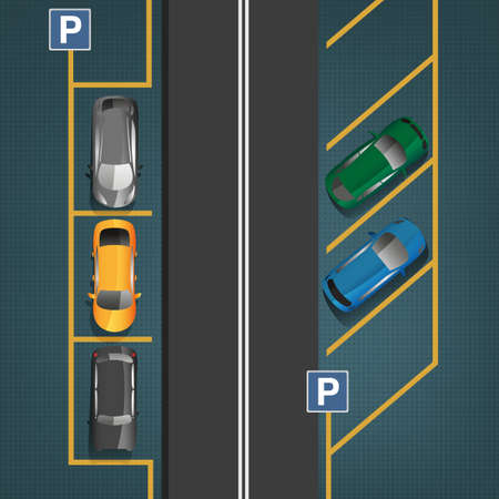 Top view car parking lots. Editable illustration in dark gray, blue and yellow colors. Automotive graphic collection.のイラスト素材