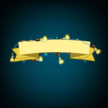 light beige color with electric bulbs garland on a dark blue background. Editable illustration. Graphic design element.のイラスト素材