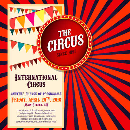 Vector vintage circus background in bright red, yelow and blue colors with illuminated elements. Editable retro illustration useful for a poster, banner, advertisement or placard graphic designのイラスト素材